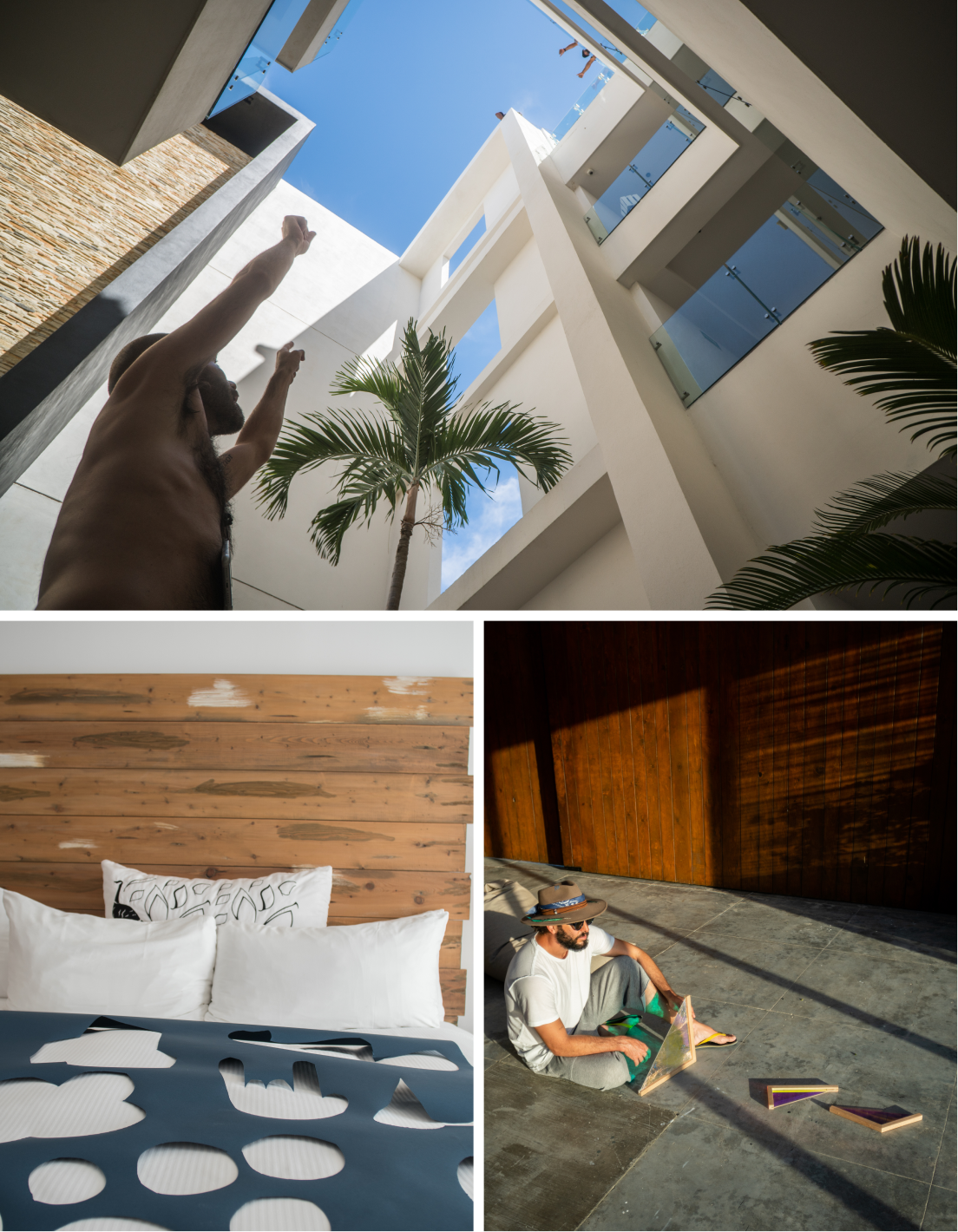 Collage con tres imágenes: hombre levantando los brazos bajo un cielo azul claro en el patio de un edificio moderno con palmeras; cama blanca con cabecero de madera y cojines decorativos; hombre sentado en el suelo con sombrero y gafas de sol jugando con juguetes geométricos de madera a la luz del sol.