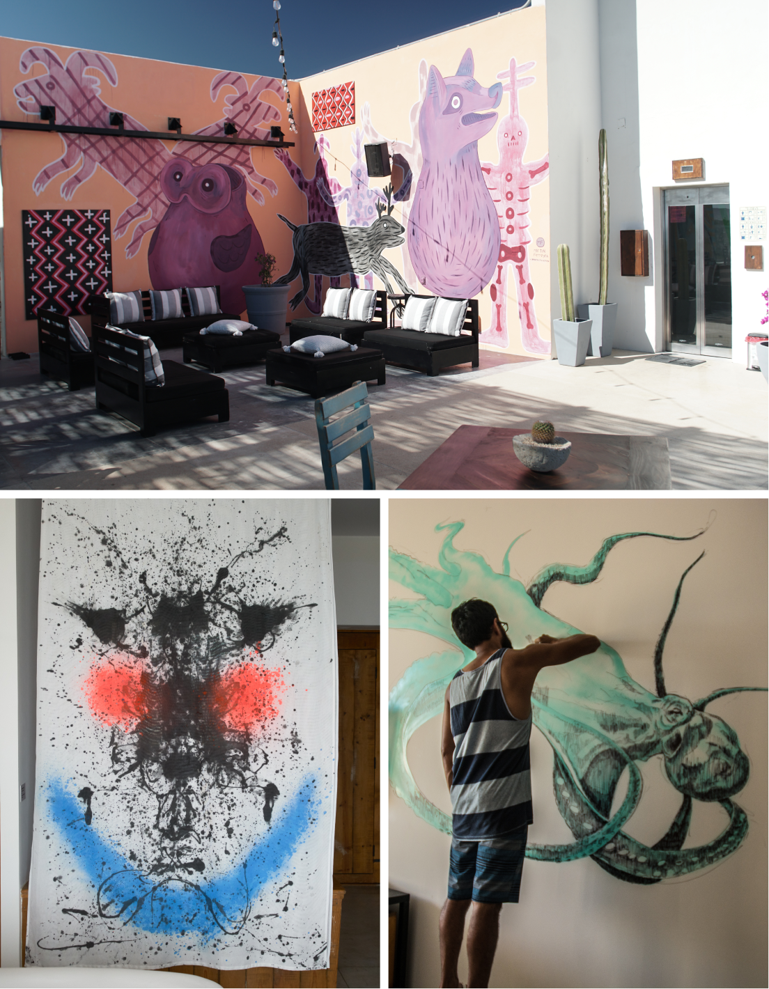 Collage of three images: top shows outdoor seating area with colorful mural featuring animals; bottom left shows abstract paint splatter artwork with red and blue accents; bottom right shows man painting a large green octopus mural indoors.