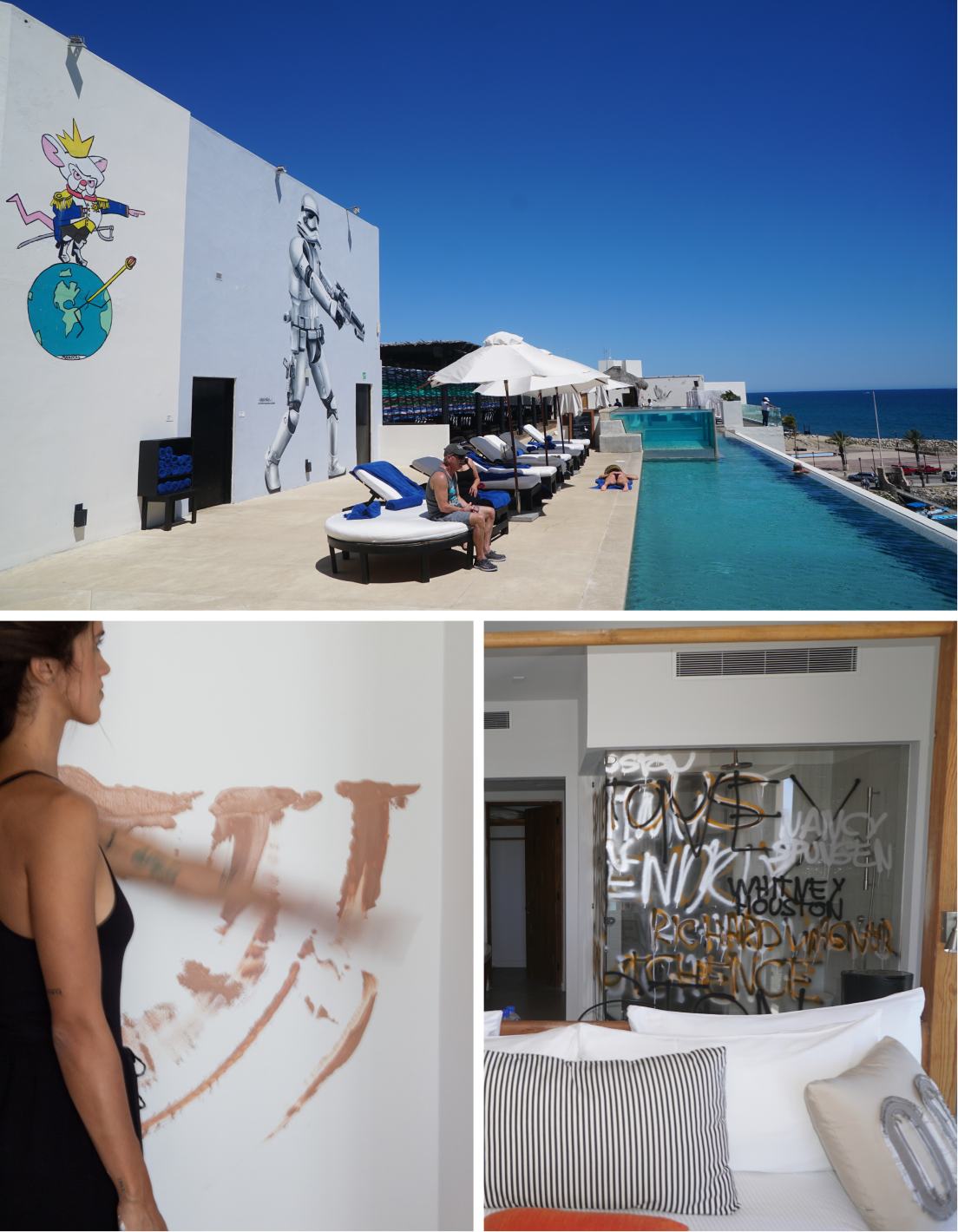 Collage de tres imágenes: la parte superior muestra a personas relajándose en tumbonas junto a una piscina en la azotea con murales de un rey ratón de dibujos animados y un soldado imperial; la parte inferior izquierda muestra a una mujer pintando con pintura marrón en una pared blanca; la parte inferior derecha muestra un dormitorio con grafitis en la pared de cristal de la ducha detrás de la cama.