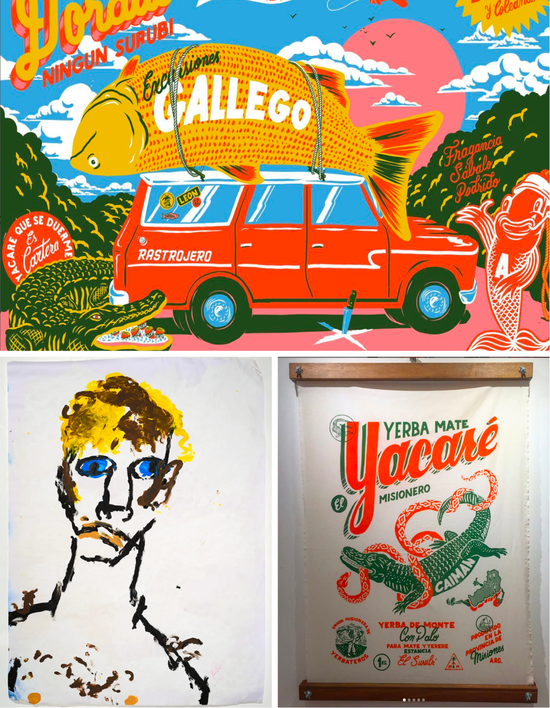 Collage de tres imágenes: una colorida ilustración de un coche rojo Rastrojero que transporta un gran pez amarillo con la etiqueta «Gallego» y un cocodrilo comiendo tacos en la parte inferior izquierda; una pintura infantil de una persona con ojos azules, pelo rubio y expresión sombría; y un diseño de bolsa de yerba mate de estilo vintage con la etiqueta «Yacaré El Misionero» en la que aparece un cocodrilo verde entrelazado con una serpiente roja.