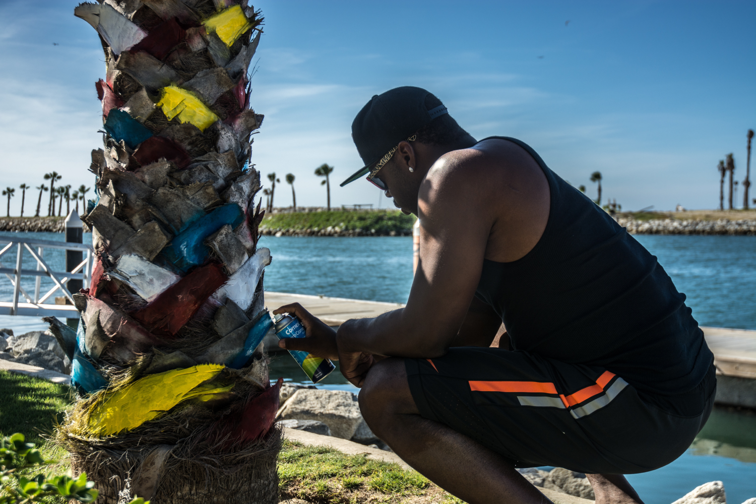 Man in black tank top and cap spray painting colorful patches on a palm tree near a waterfront.