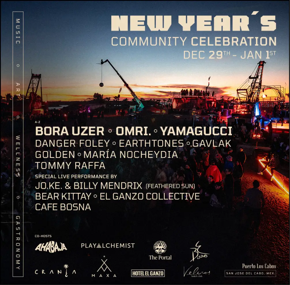 New Year's community celebration event poster listing artists and co-hosts with a sunset background and festival crowd.