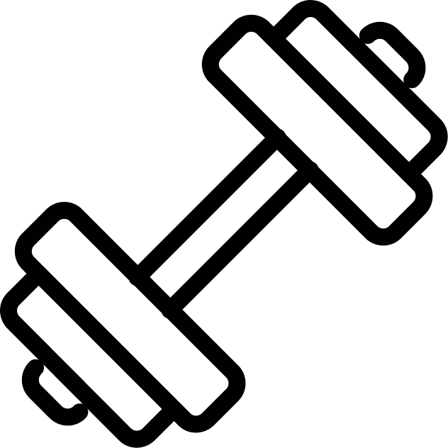 Gym icon with dumbbell, kettlebell, and exercise ball inside a circular border.