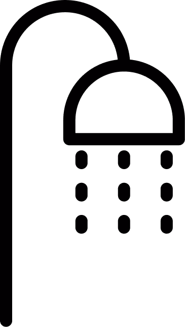Icono de silueta negra de un cabezal de ducha con gotas de agua cayendo, encerrado en un cuadrado con esquinas redondeadas.