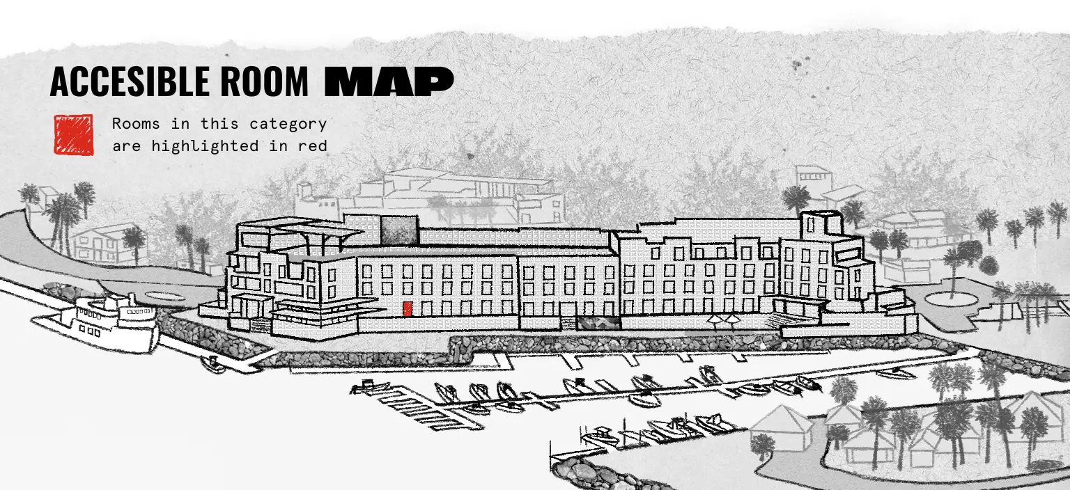 Black and white illustrated map of a waterfront building with one accessible room highlighted in red on the building's front side.