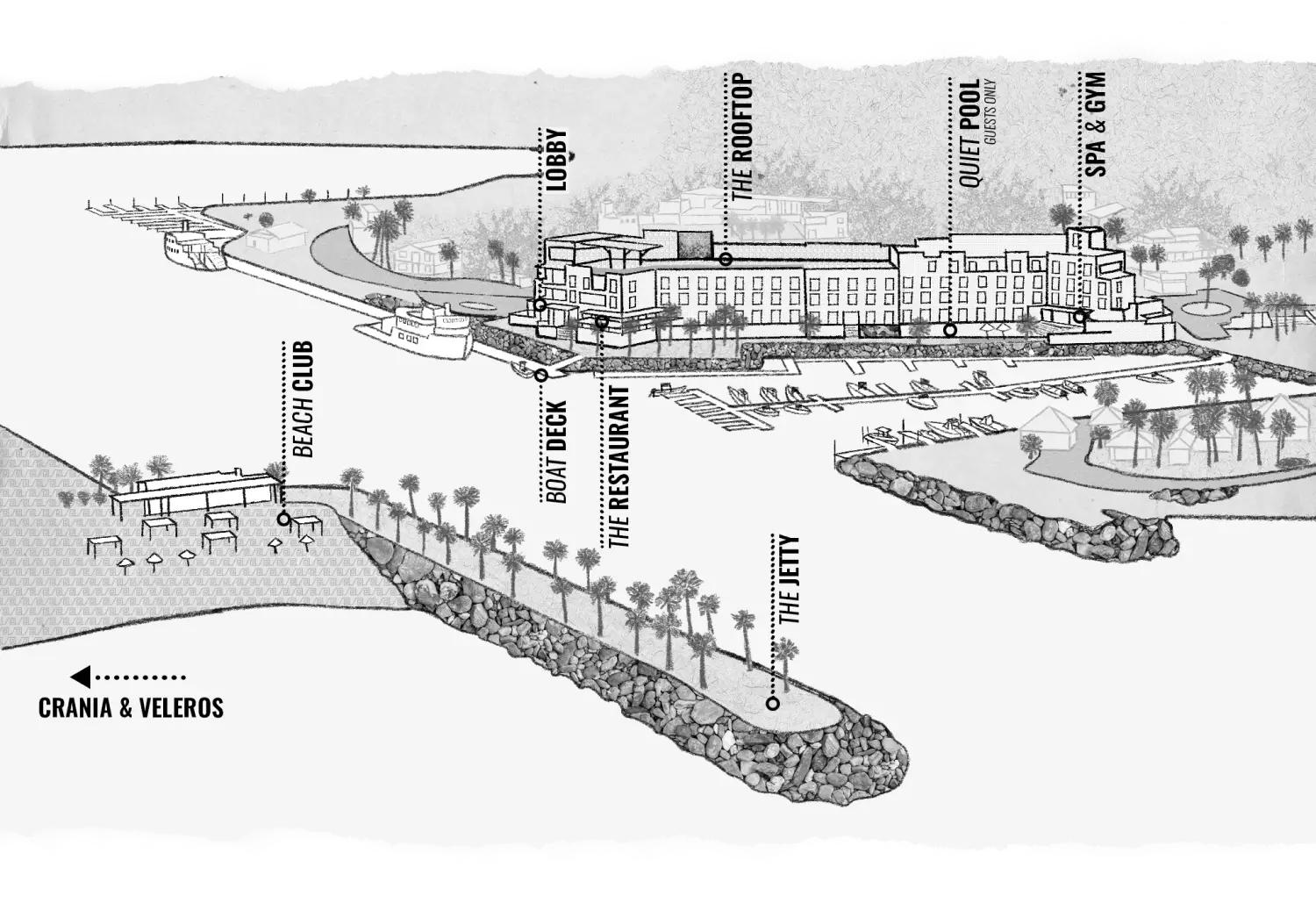 Map illustration of a coastal resort showing labeled areas including beach club, boat deck, restaurant, lobby, rooftop, quiet pool, spa & gym, and the jetty with palm trees and docks.