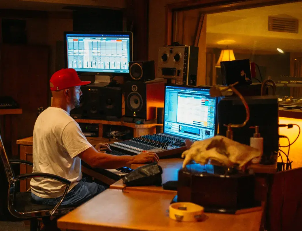 Man in a red cap working at a music mixing console with two monitors in a dimly lit recording studio.