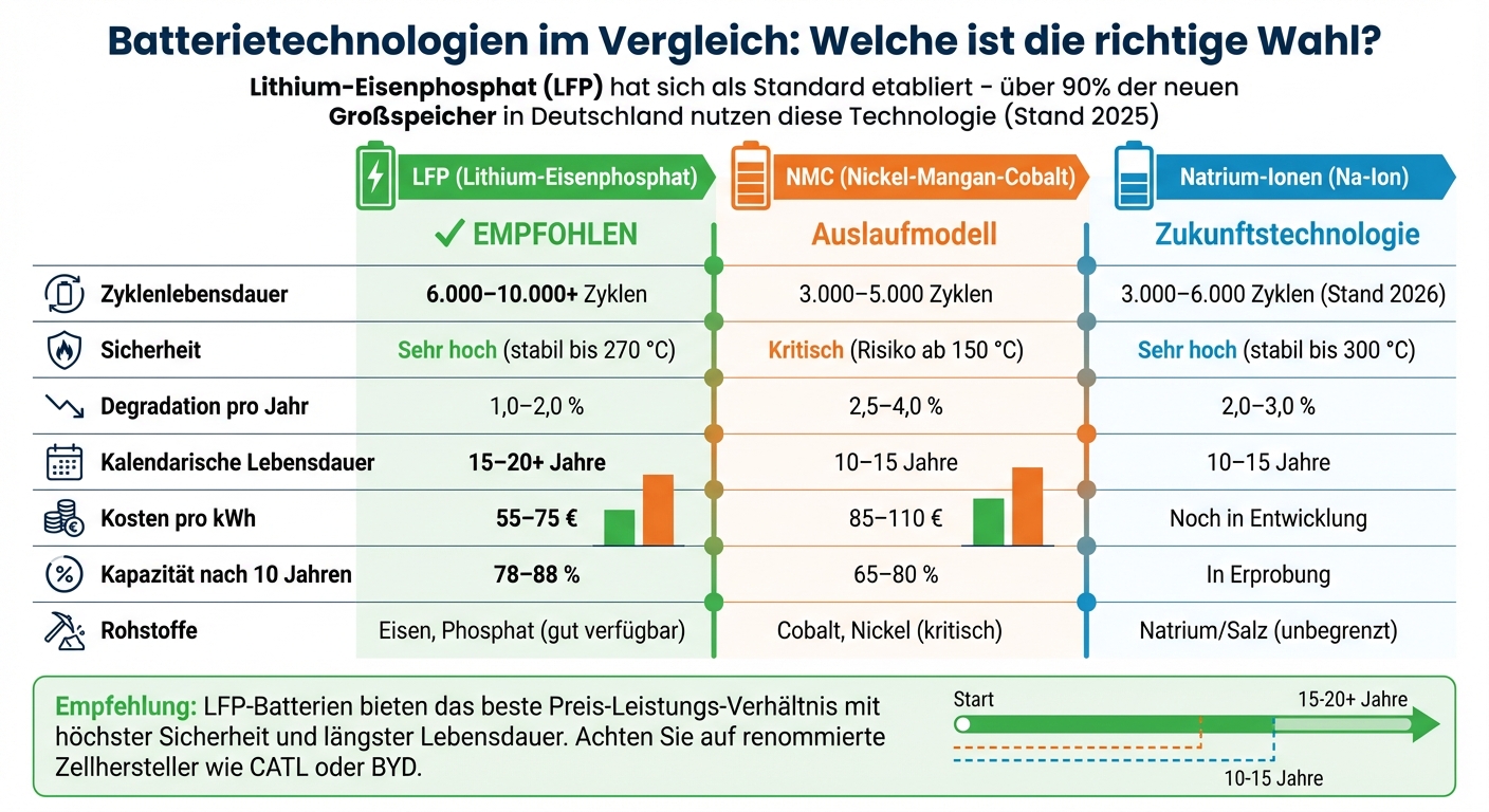 Vergleich Batterietechnologien für Stromspeicher: LFP vs NMC vs Natrium-Ionen