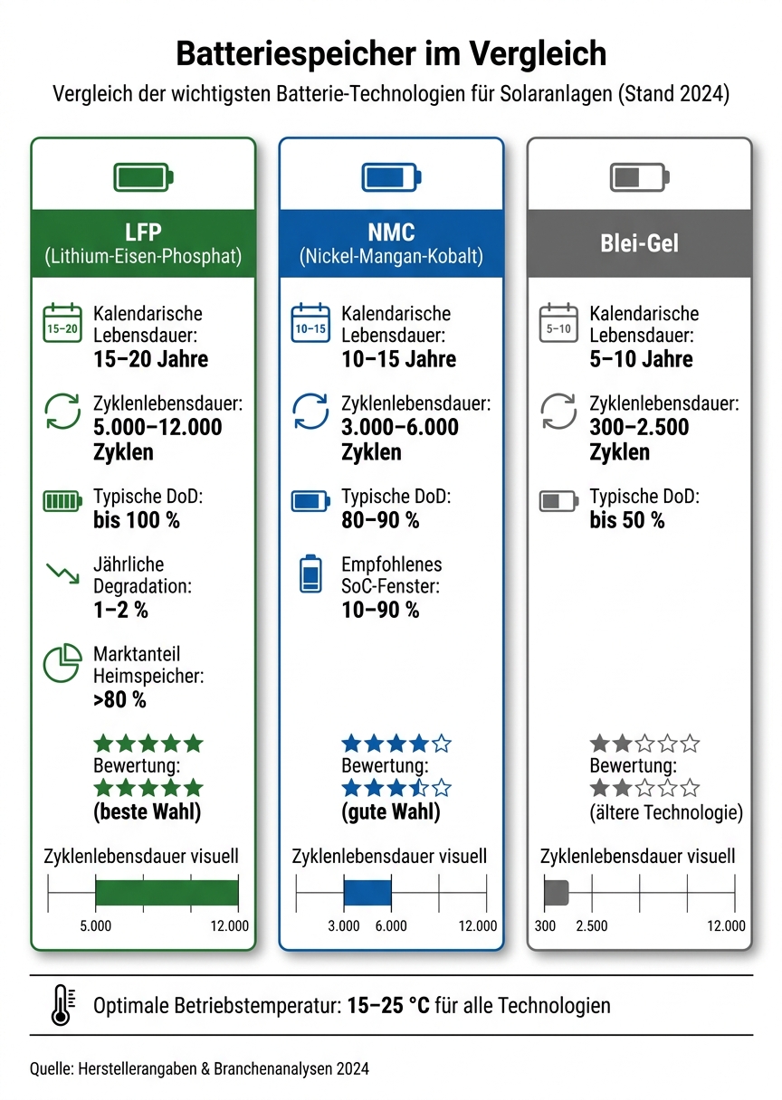 Batteriespeicher im Vergleich: LFP vs. NMC vs. Blei-Gel