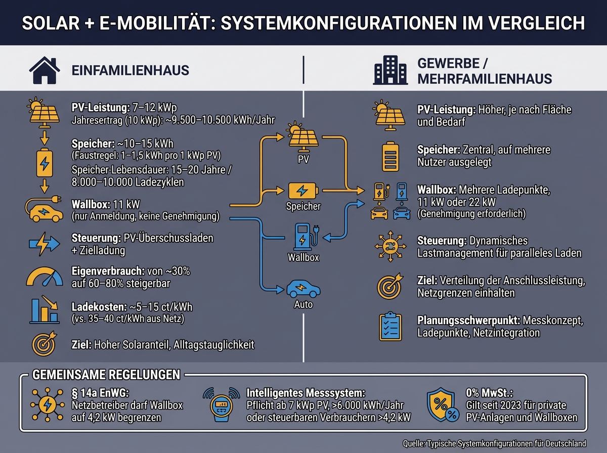 PV, Speicher & Wallbox: Systemvergleich Einfamilienhaus vs. Gewerbe