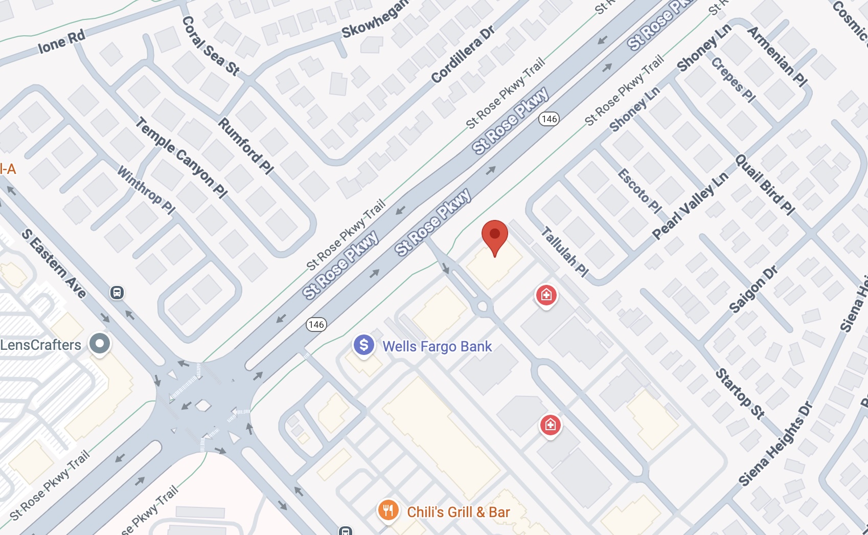 Map showing location near Wells Fargo Bank on St Rose Parkway, with nearby roads including Temple Canyon Place, Rumford Place, and Tallulah Place.