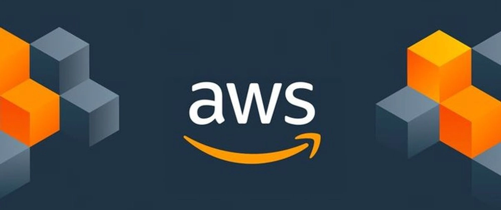 AWS logo with orange and gray 3D cubes on a dark background.