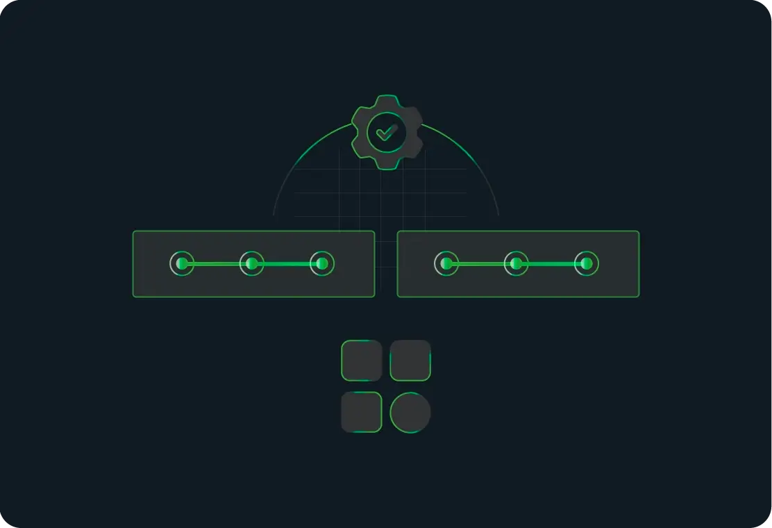Diagram of two horizontal lines with three connected nodes each, linked to a central gear icon with a check mark.