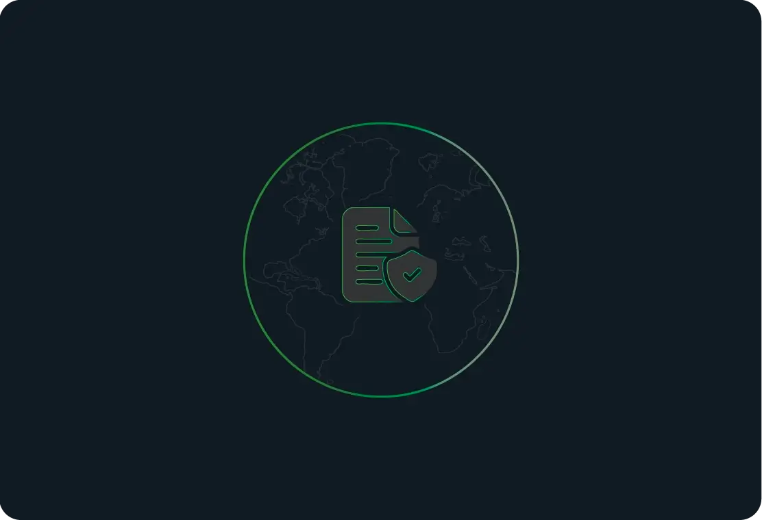 Outline of a document with a shield featuring a checkmark superimposed on a faint world map inside a green circle.