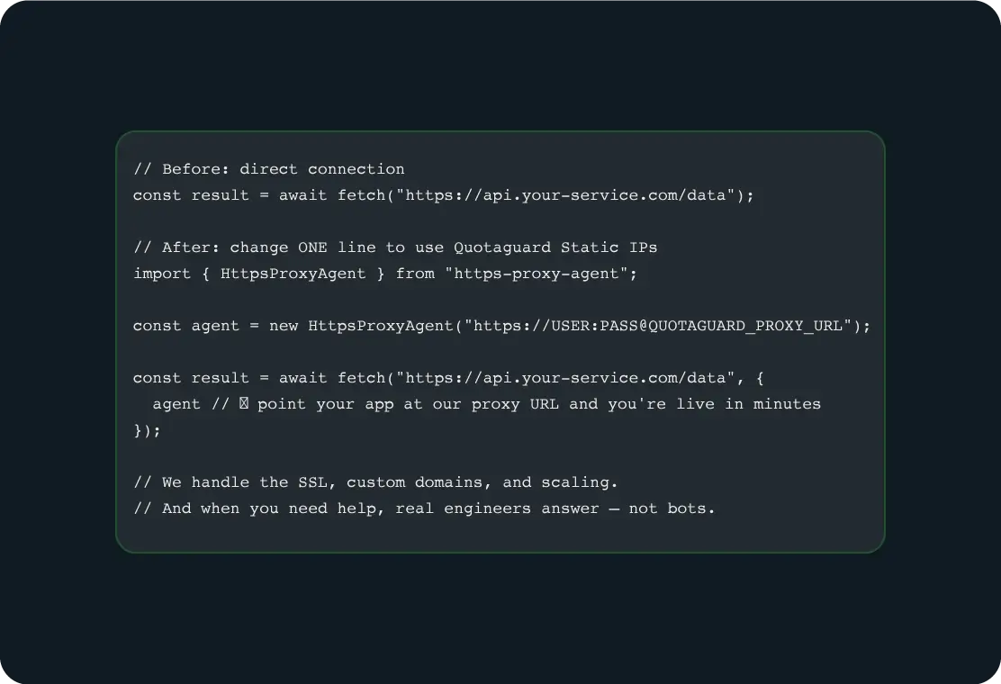 Code snippet showing how to change a direct fetch request to use Quotaguard Static IPs with HttpsProxyAgent in JavaScript.