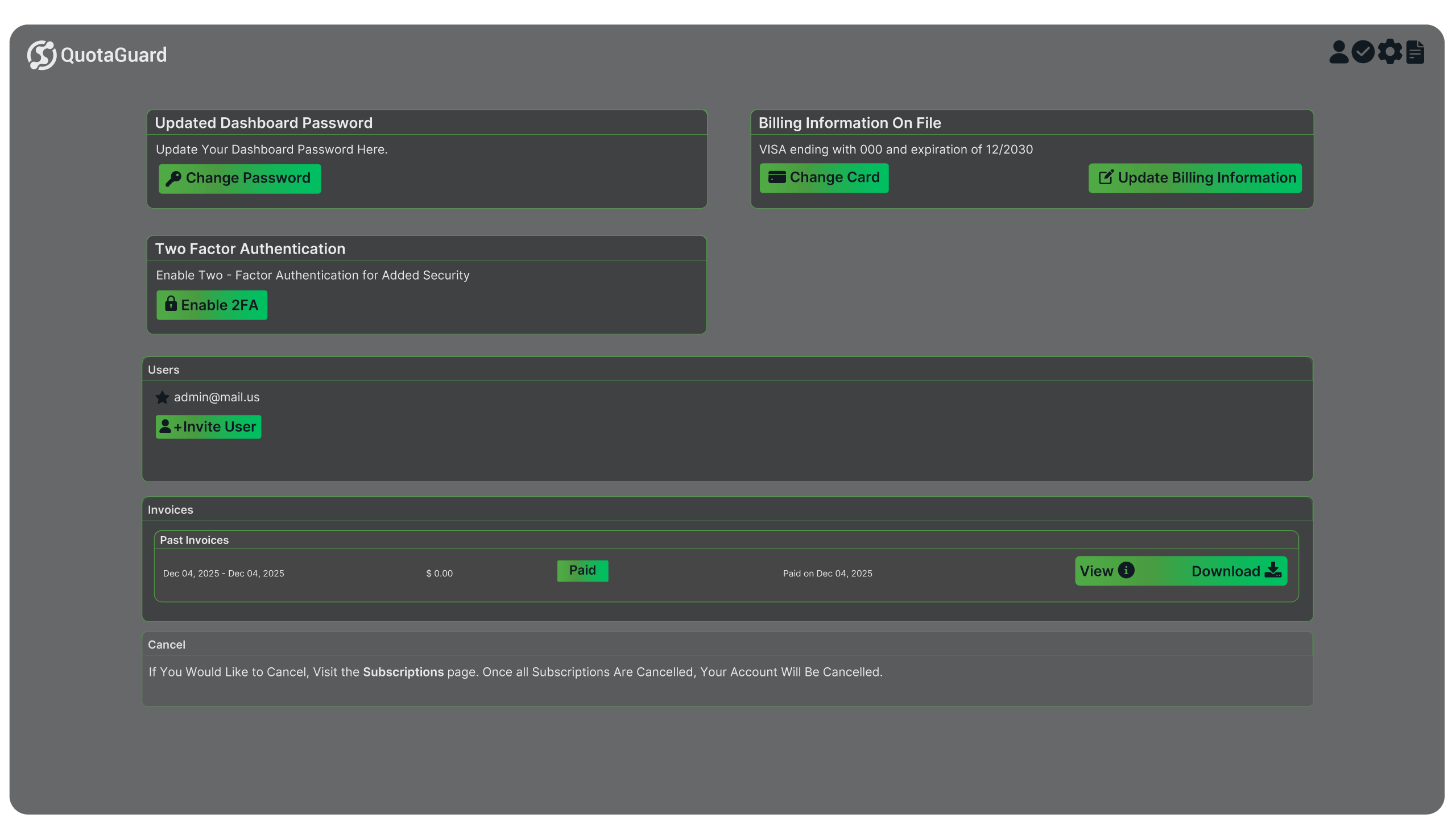 QuotaGuard account management dashboard showing sections for updating password, billing information, enabling two-factor authentication, user invitations, past invoices with payment status, and account cancellation instructions.