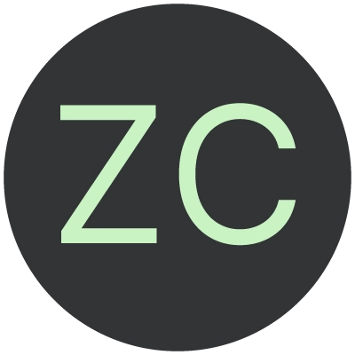 Circular dark gray background with light green letters 'ZC' in the center.