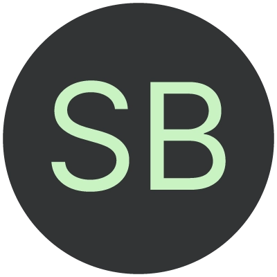 Circle with dark gray background containing light green letters S and B.