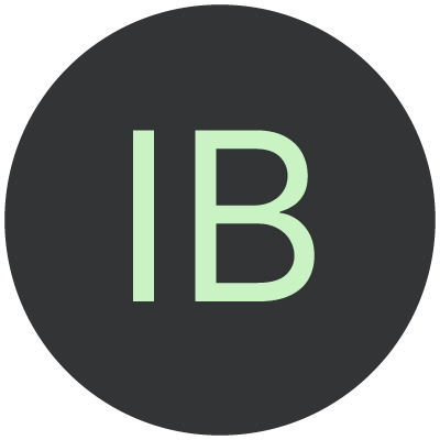 Circle with dark gray background and light green letters 'IB' in the center.