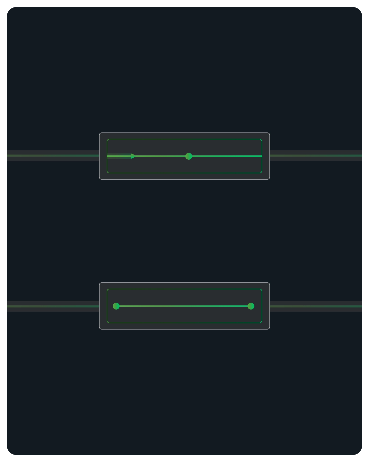 Two green slider controls on a dark background, one with a pointer at the left and one with endpoints at both sides.