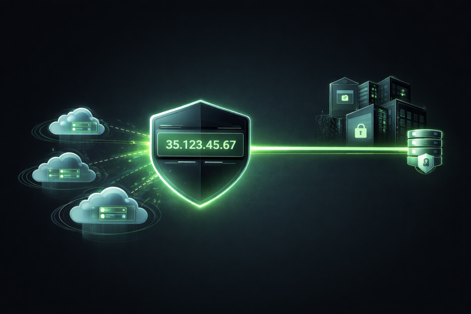 Digital illustration of a glowing shield with an IP address protecting data servers connected to cloud storage icons.