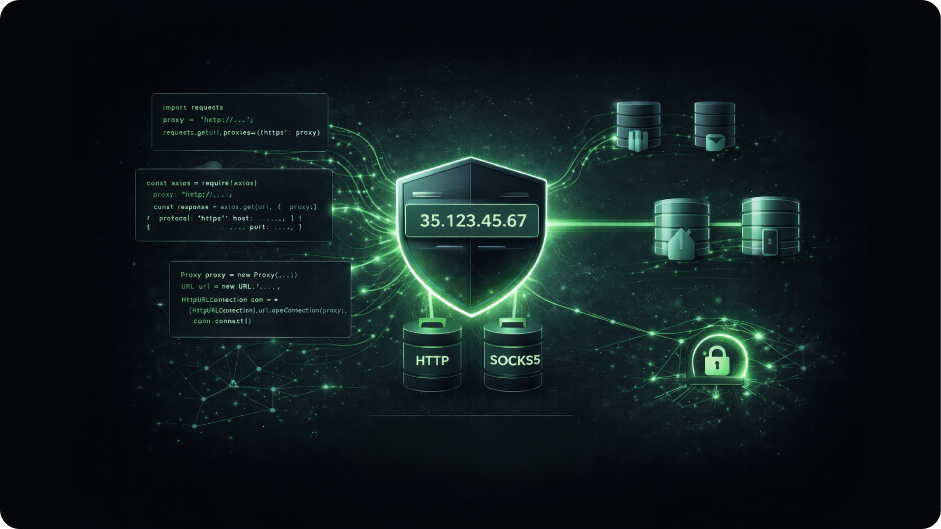 Digital shield with IP address 35.123.45.67 connected to HTTP and SOCKS5 proxies and cloud storage icons with encryption lock.