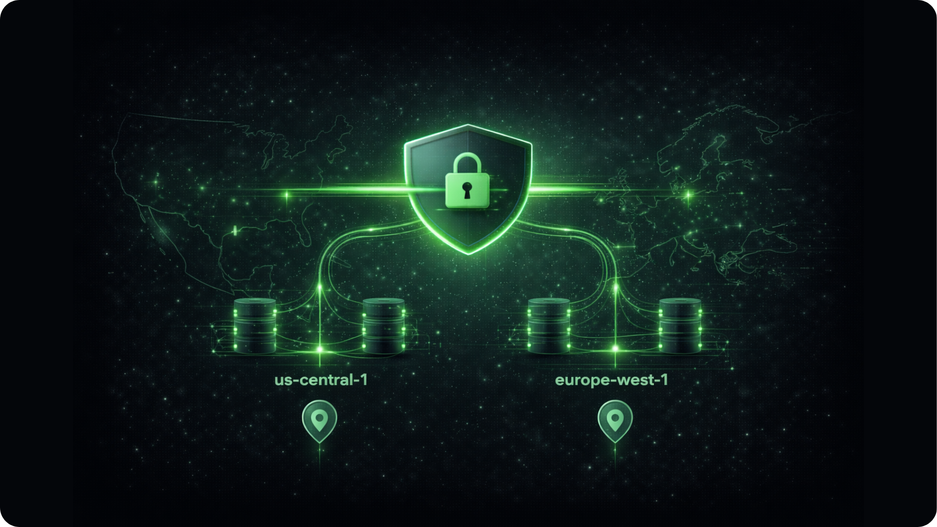 Digital map with two data centers labeled us-central-1 and europe-west-1 connected to a central shield icon with a padlock, symbolizing secure cloud networking.