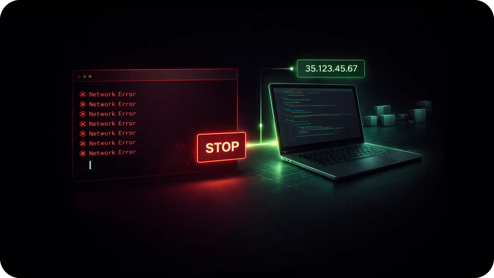 Dark-themed illustration showing repeated red network error messages on the left and a laptop on the right displaying code with a green highlighted IP address above it.