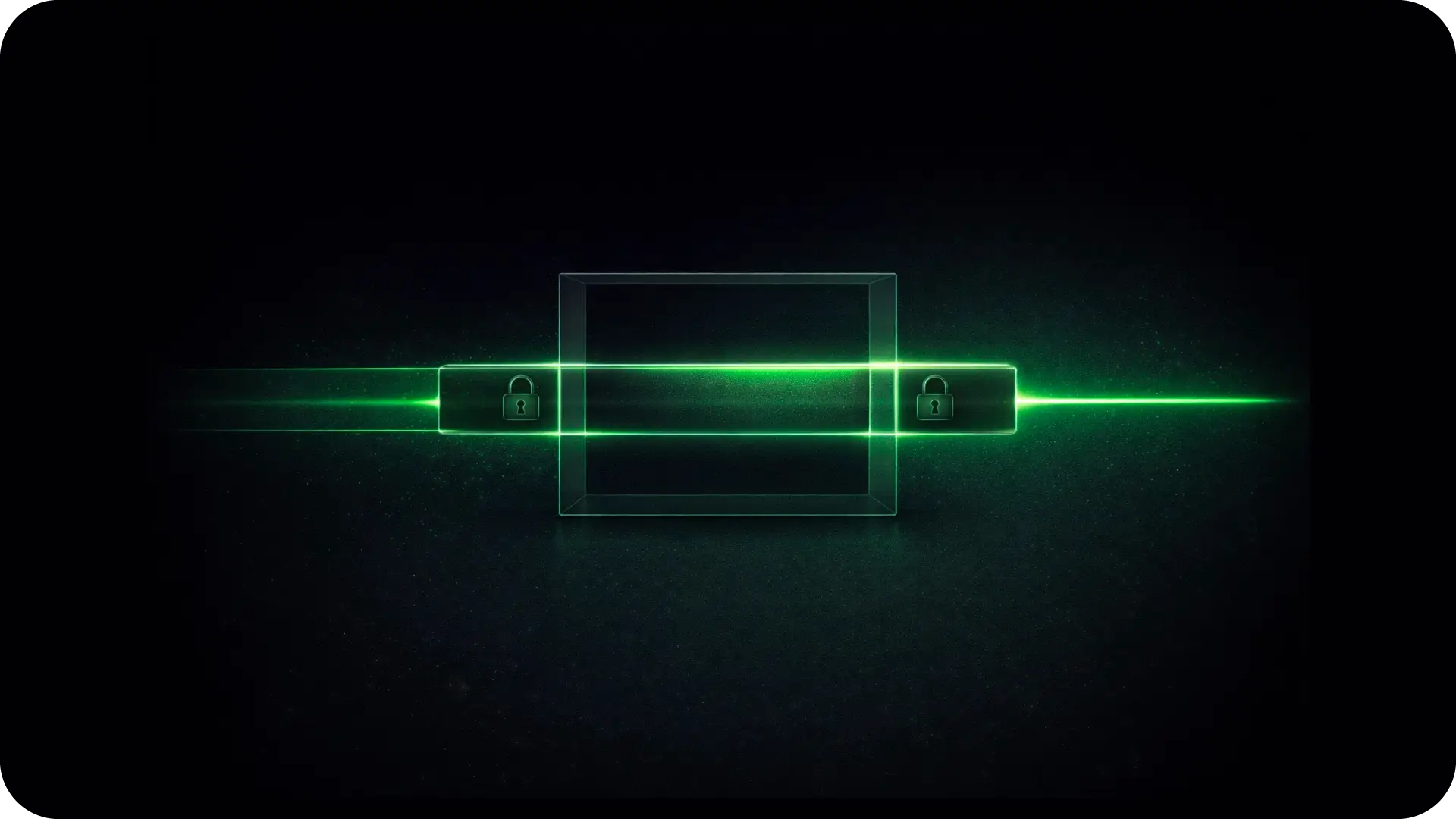 Green neon horizontal light beam passing through a transparent cube flanked by two padlock icons on a dark background.