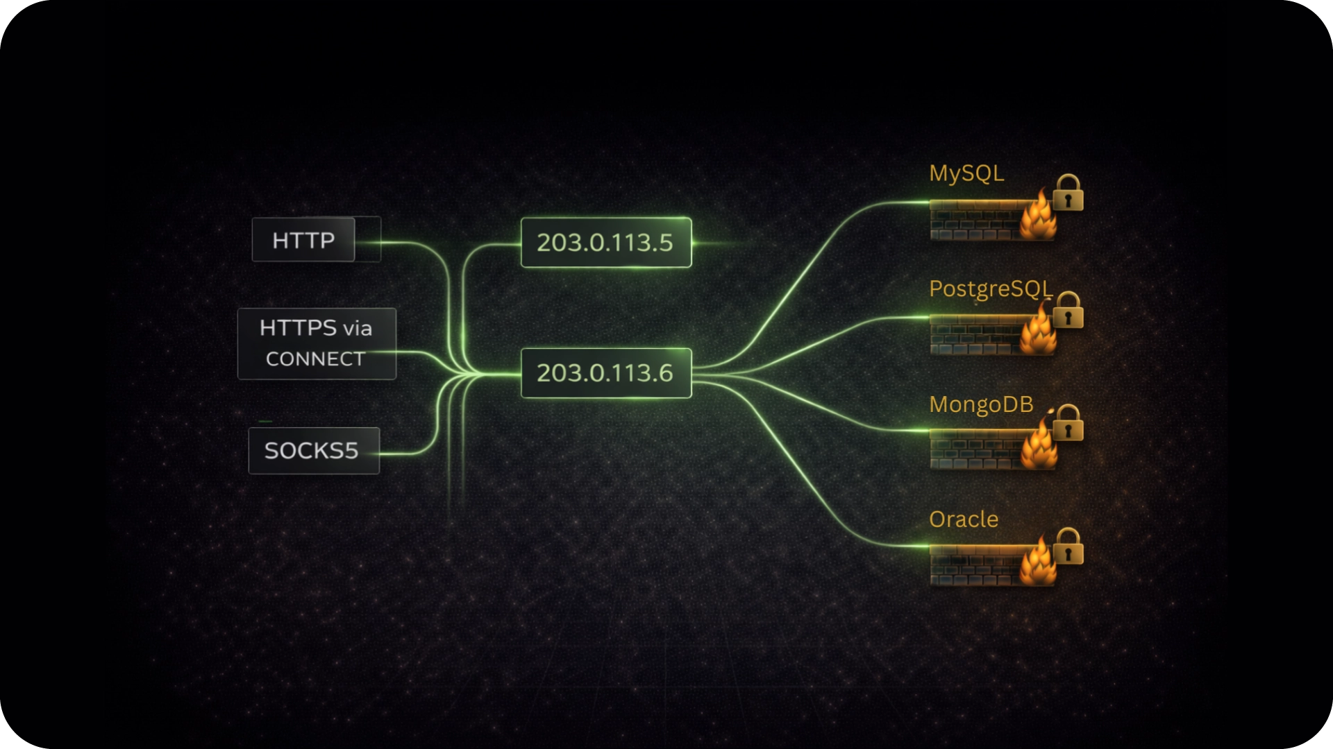 Network diagram showing HTTP, HTTPS via CONNECT, and SOCKS5 protocols routing to IPs 203.0.113.5 and 203.0.113.6, which connect to secured firewalls protecting MySQL, PostgreSQL, MongoDB, and Oracle databases.