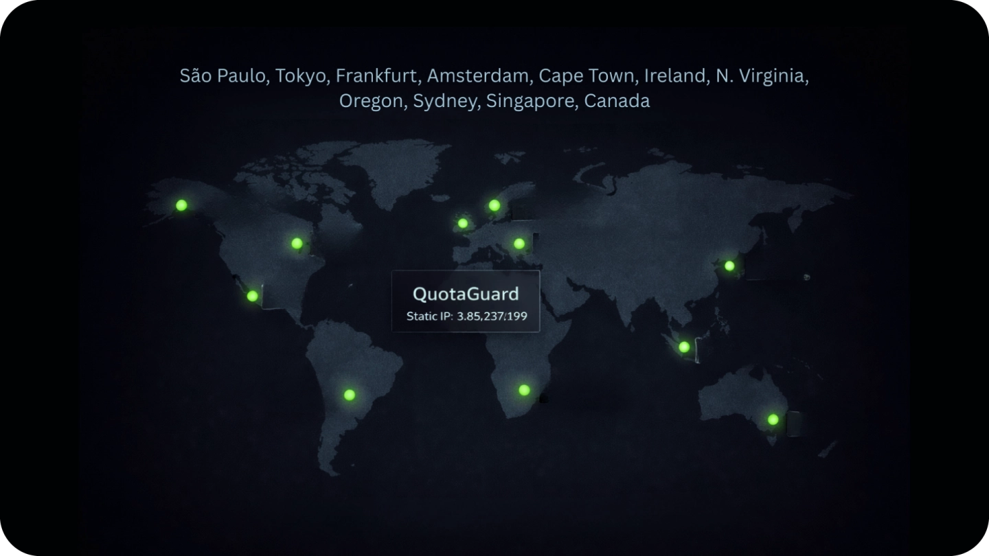 World map with green dots marking locations in São Paulo, Tokyo, Frankfurt, Amsterdam, Cape Town, Ireland, Northern Virginia, Oregon, Sydney, Singapore, and Canada, highlighting QuotaGuard static IP 3.85.237.199.