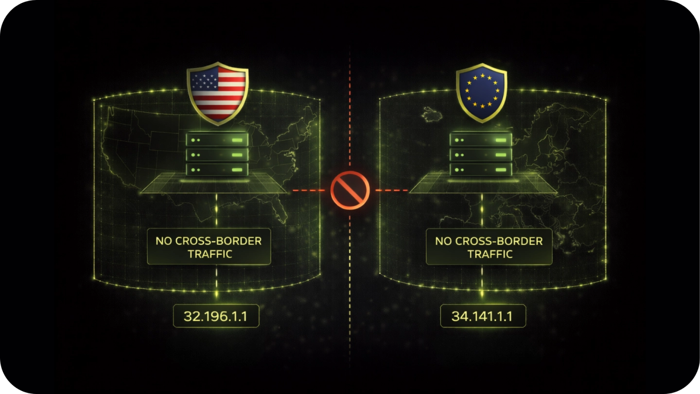 Diagram showing two server clusters with no cross-border traffic between the US and EU, indicated by a red blocked symbol and respective IP addresses 32.196.1.1 and 34.141.1.1.