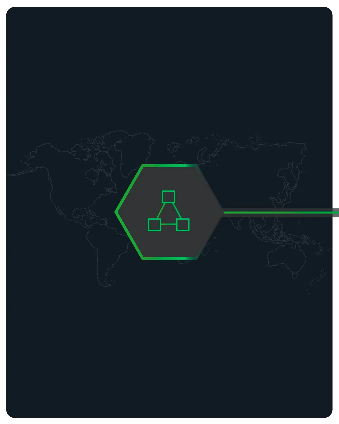 Green network connection icon within a hexagon overlaid on a dark world map background.