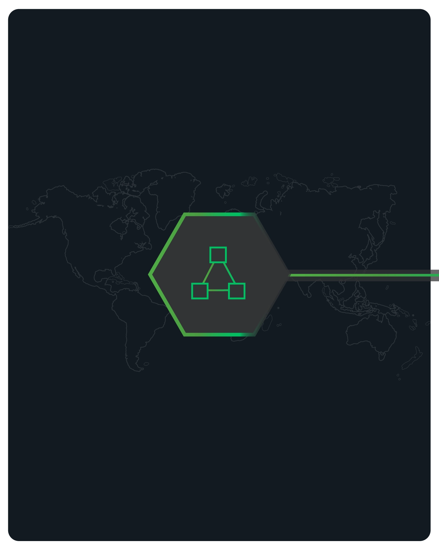 Green network connection icon within a hexagon overlaid on a dark world map background.