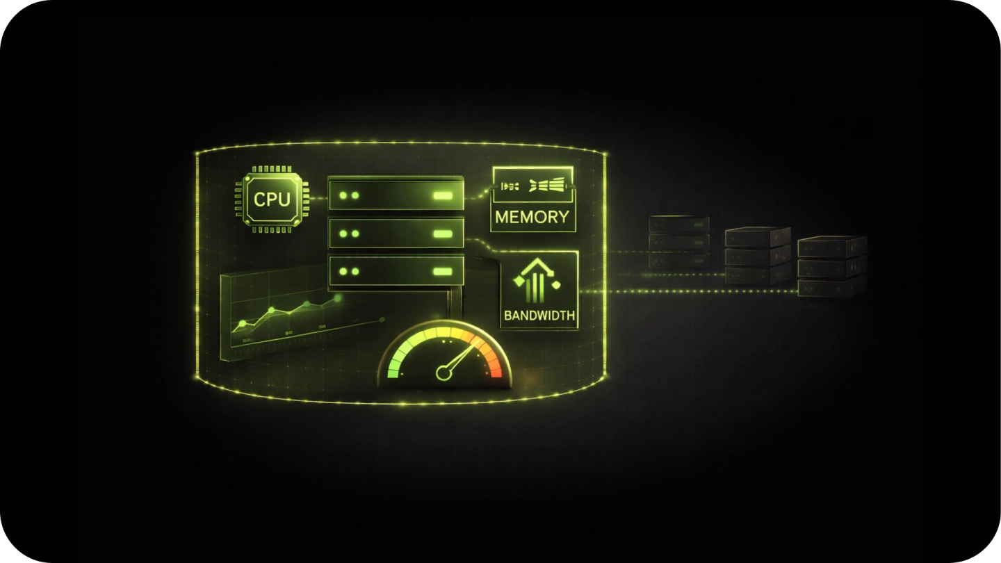 Illustration of CPU and servers with glowing icons for memory and bandwidth, including a speedometer showing high performance.