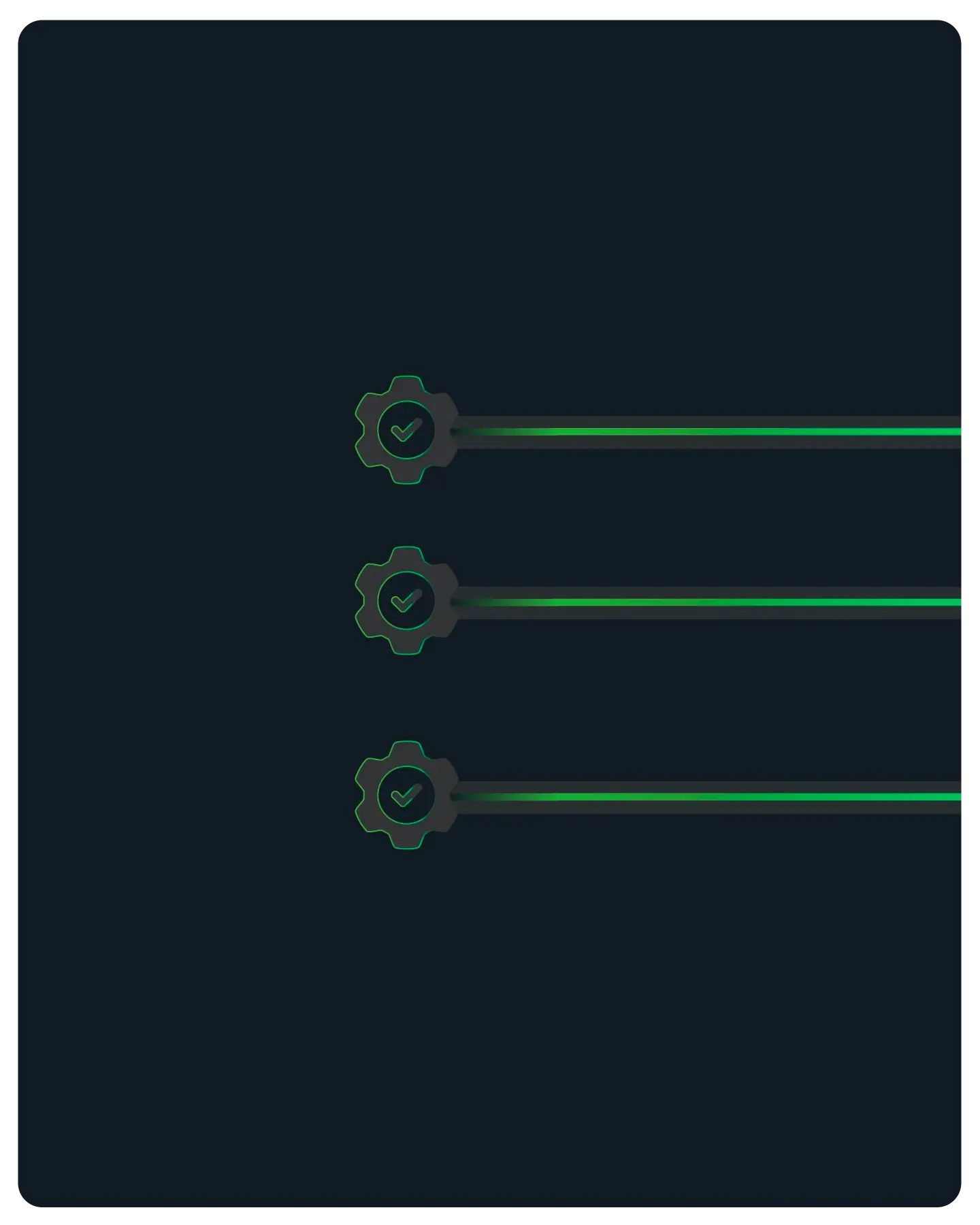 Three horizontal green progress bars next to gear icons with check marks on a dark background.