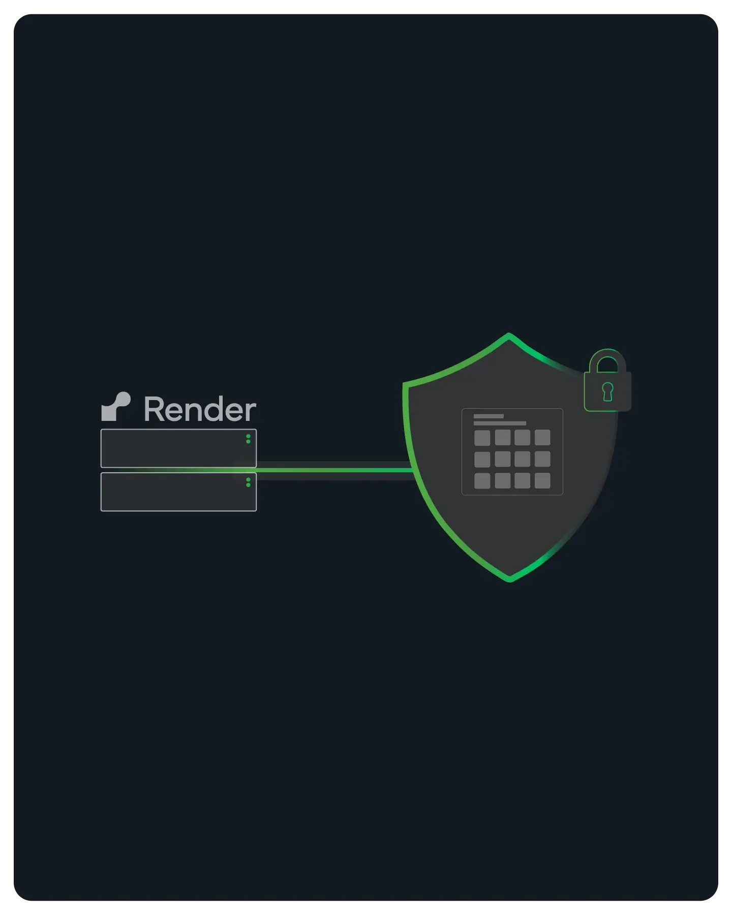 Illustration of a secure data connection with a shield and lock protecting a grid from a device labeled Render.
