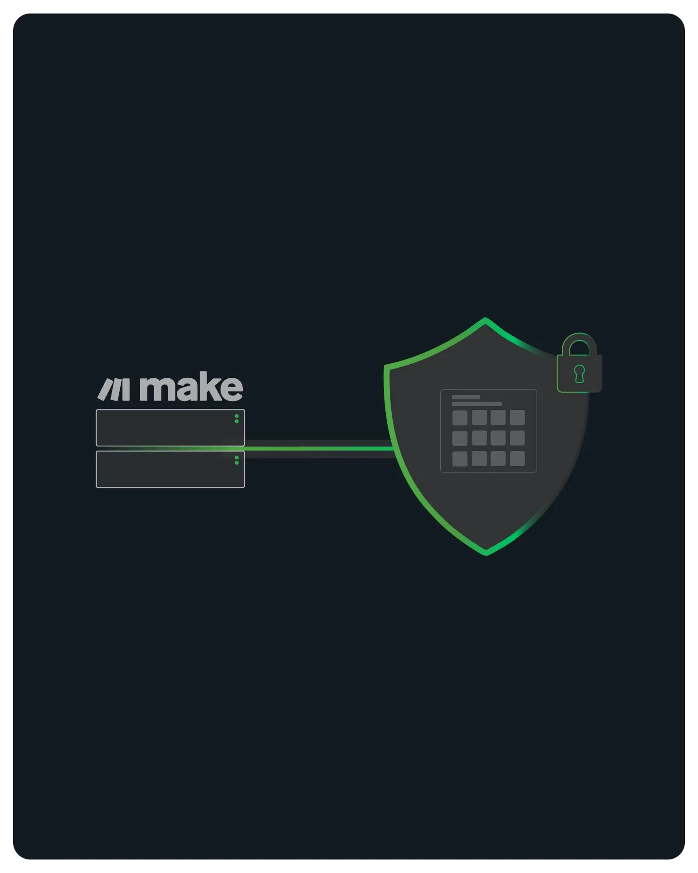 Digital illustration of the Make logo connected by lines to a shield icon with a calendar and a lock symbol, representing secure automation.