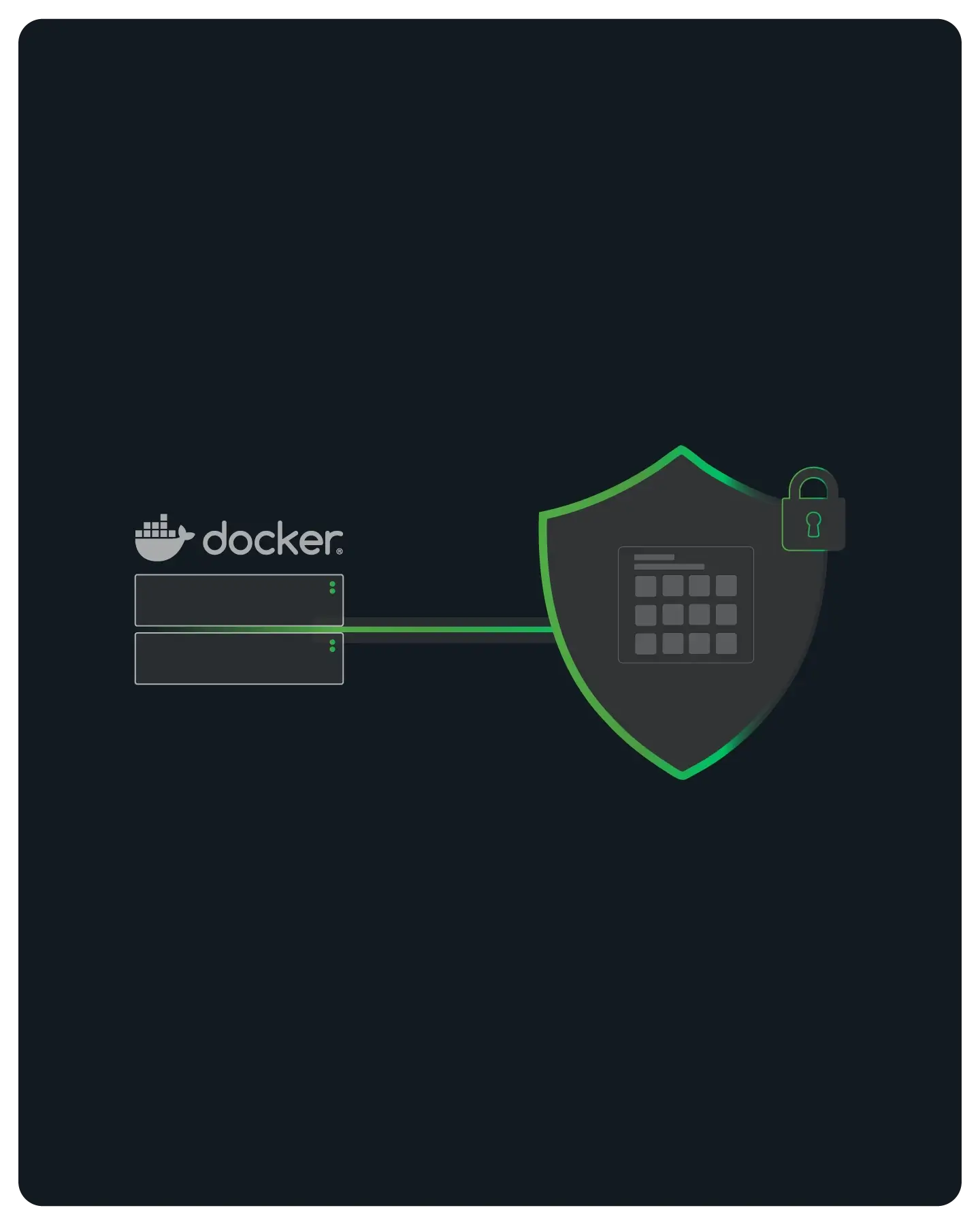 Diagram showing Docker logo connected to a shield icon with a lock, symbolizing secured container integration.