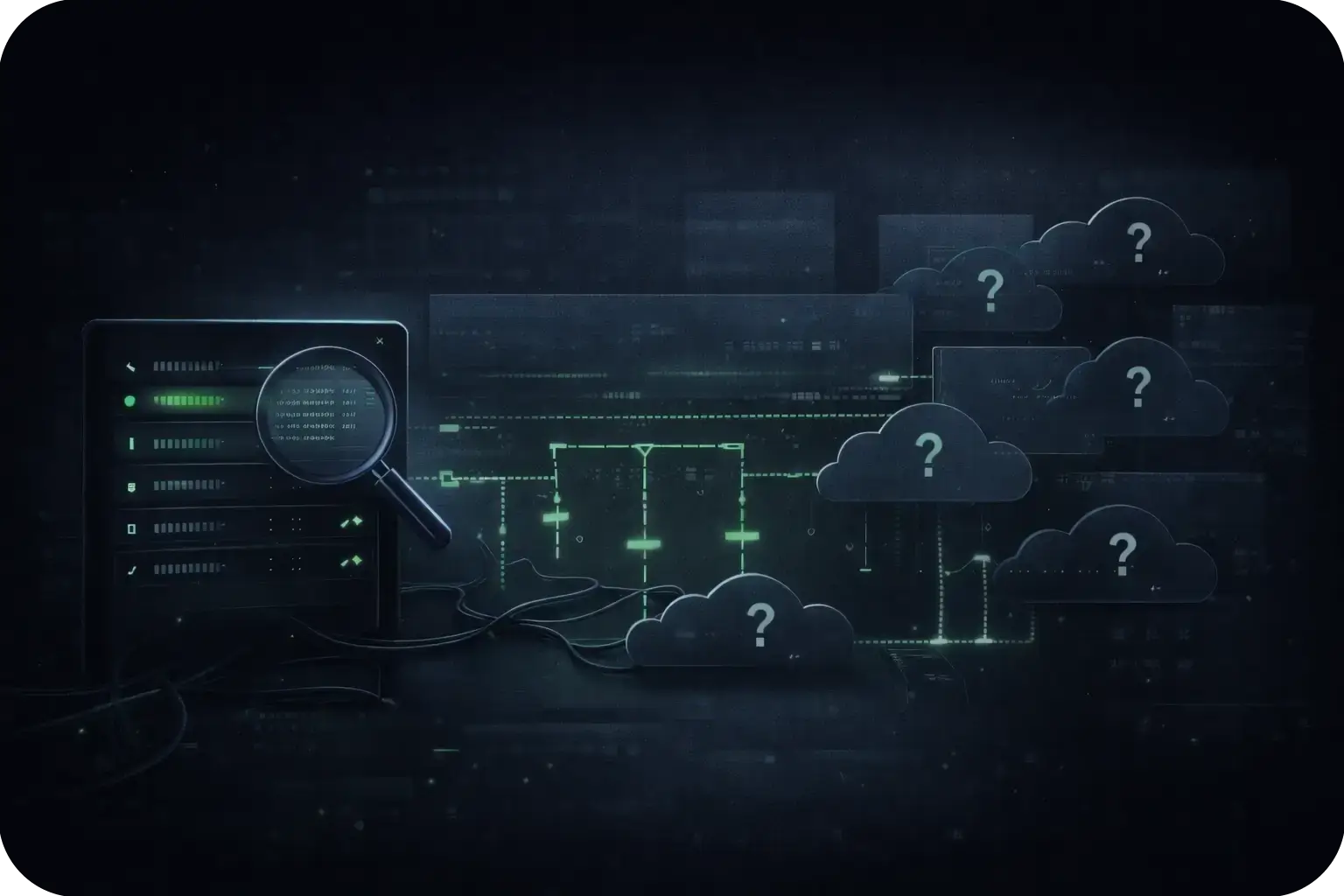 Dark digital interface with a magnifying glass inspecting code, connected to cloud icons with question marks symbolizing cloud data uncertainty or investigation.