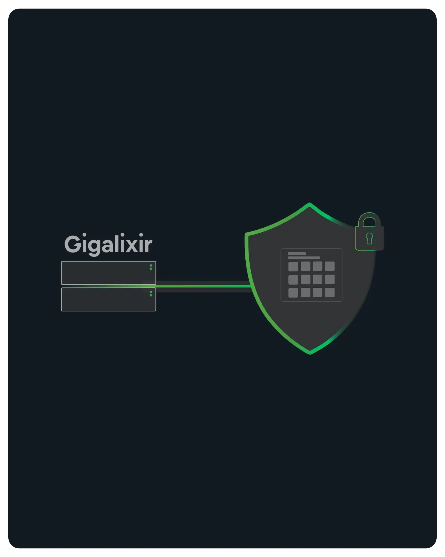 Illustration of two connected server racks labeled Gigalixir linked to a shield icon with a lock, symbolizing secure hosting or integration.