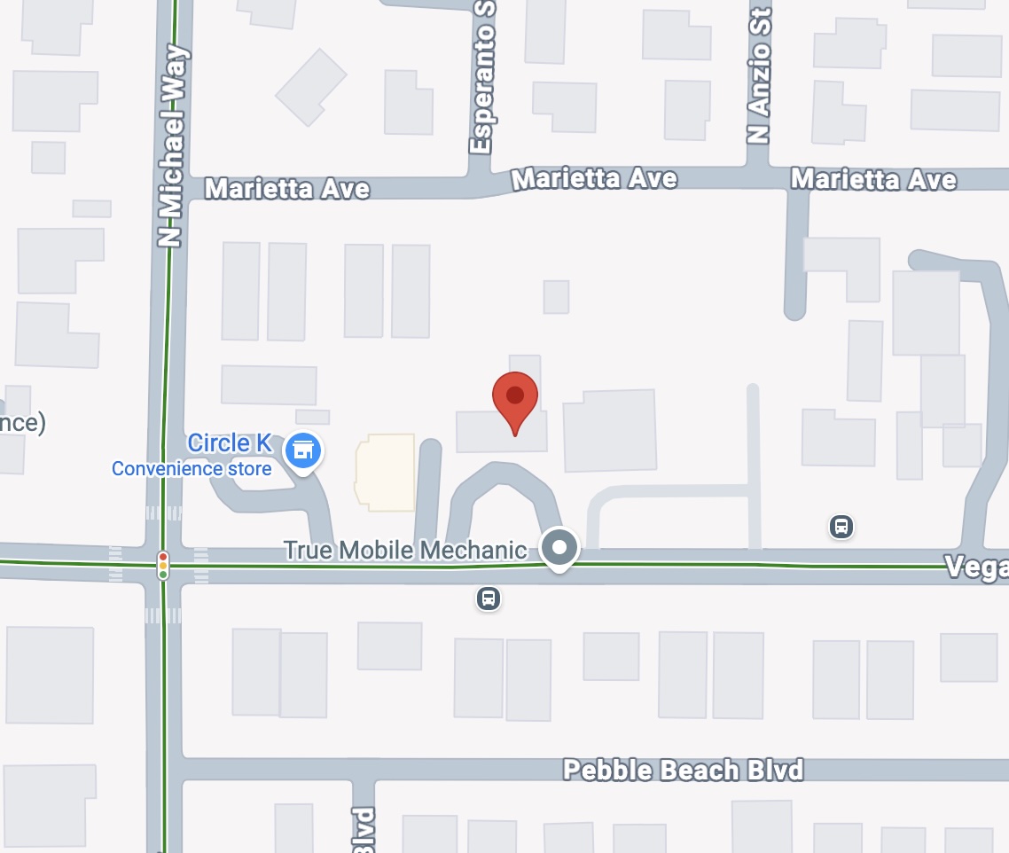 Map showing marker near True Mobile Mechanic on Vegas Street close to N Michael Way and Marietta Ave, with nearby Circle K convenience store.