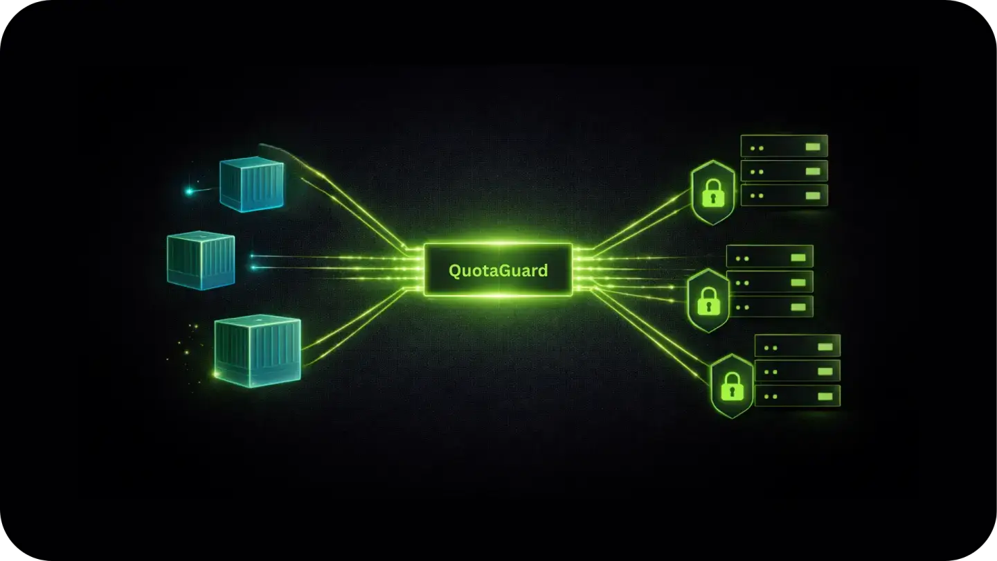 Diagram showing three data containers connected to QuotaGuard, which then connects to three secured server groups represented by locks and server icons.