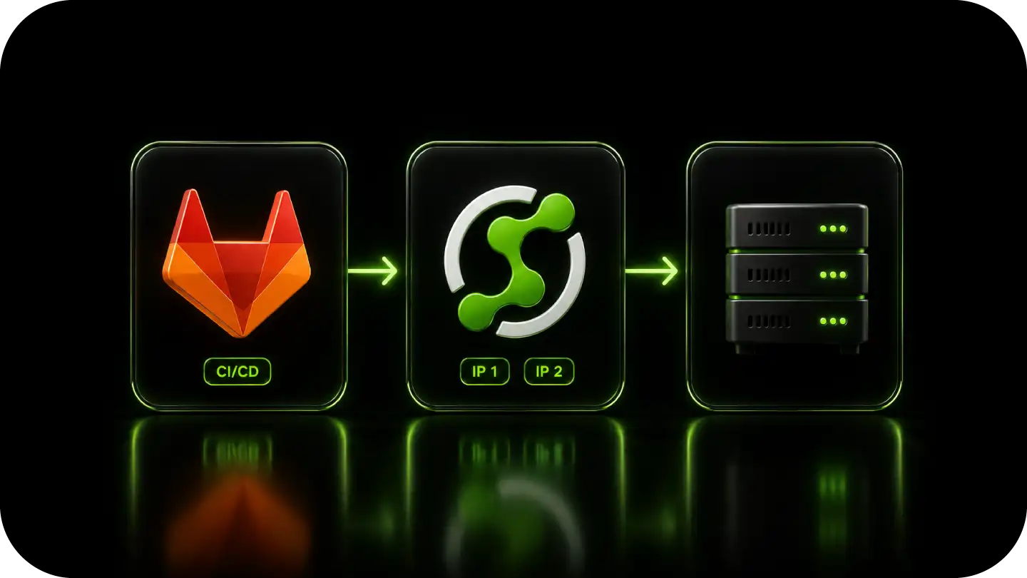 Diagram showing CI/CD to IP1 and IP2 process ending at a stack of servers with green lights.