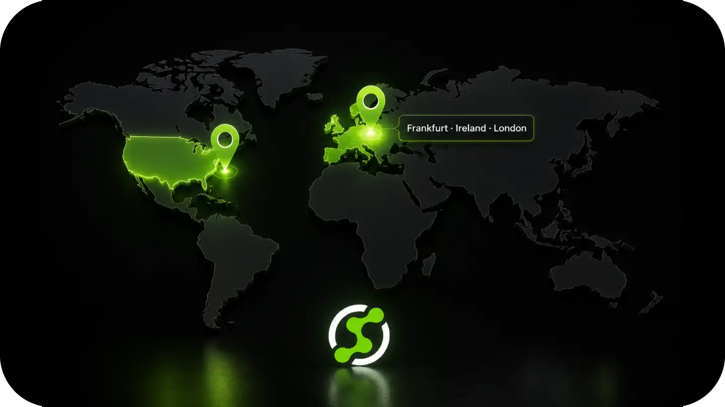 World map with green location markers on the U.S. and Europe, highlighting Frankfurt, Ireland, and London.