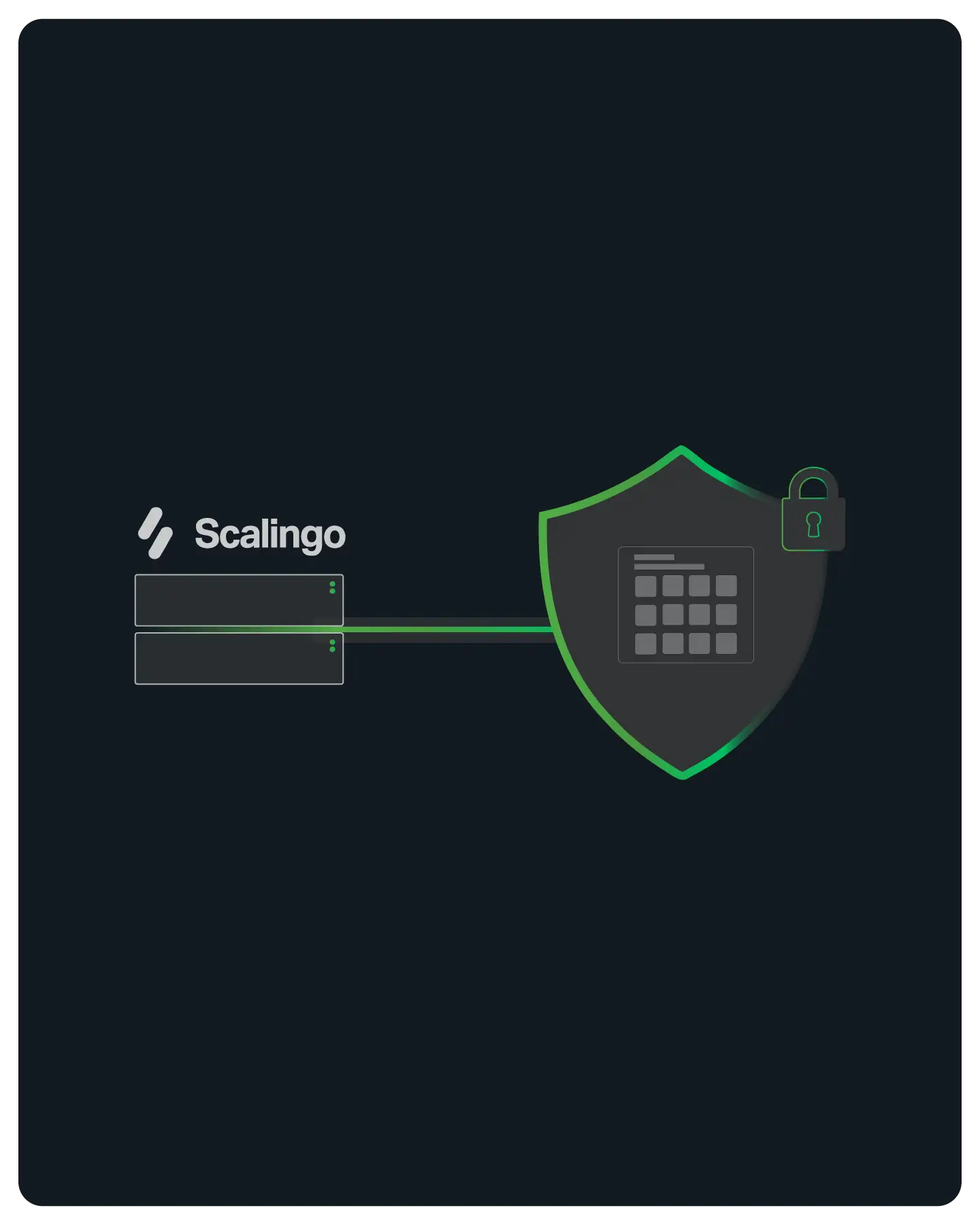 Diagram showing two Scalingo servers connected to a shield icon with a lock symbol for security.