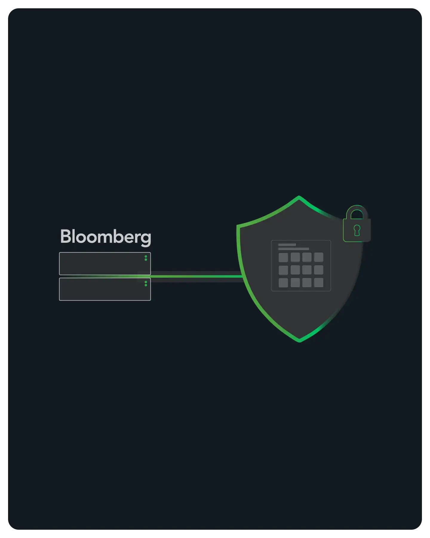 Diagram showing Bloomberg data entering a shield with a lock, symbolizing secure integration.
