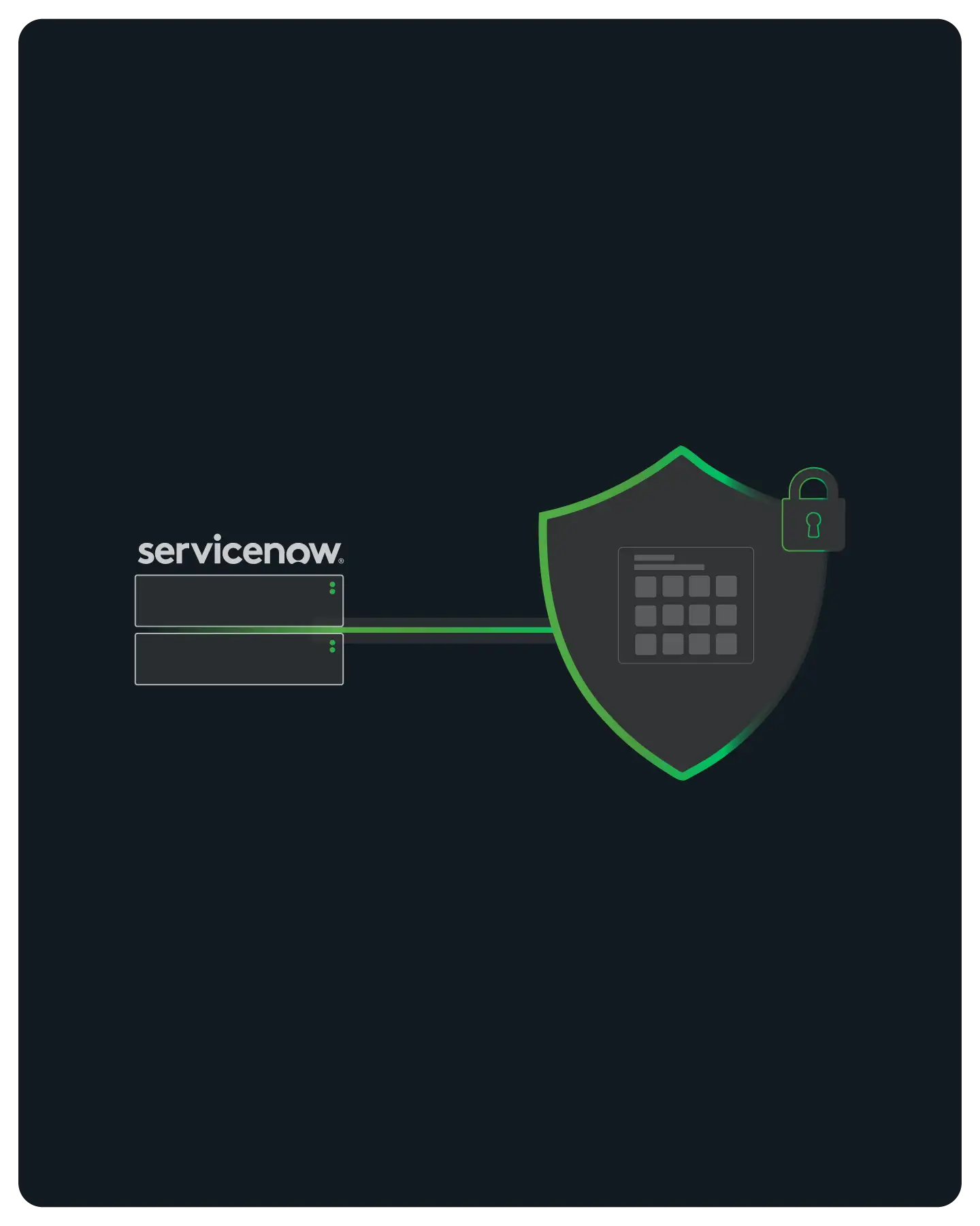 ServiceNow interface connected securely to shield with calendar icon and padlock symbol.