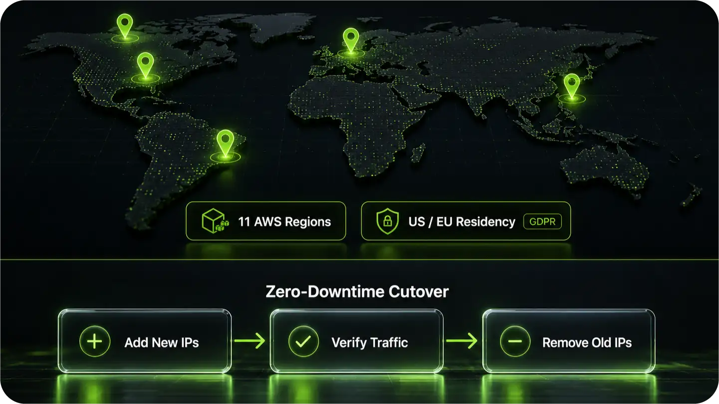 World map with glowing green location pins, highlighting 11 AWS regions and zero-downtime cutover steps.