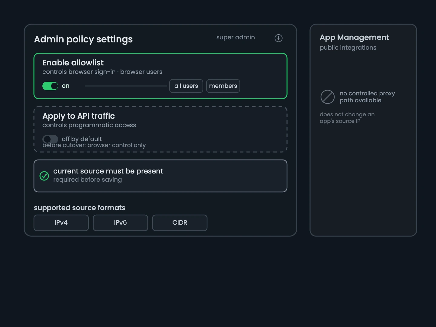 Asana browser allowlisting and API Traffic Filtering shown as separate super-admin controls